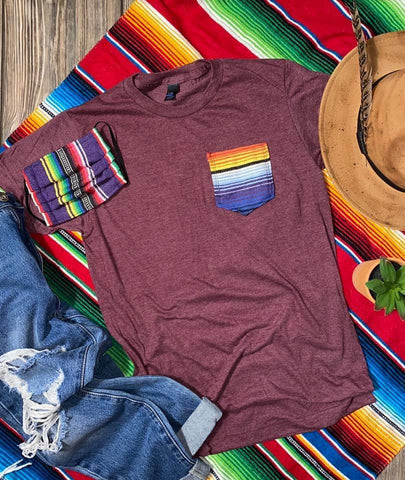 Serape Pocket Tee- Maroon