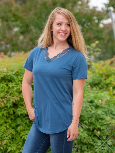 Lacey's V Neck Lace Top (Slate Blue)