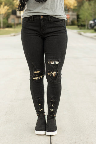 Black Destroyed Cheetah Patch Jeans