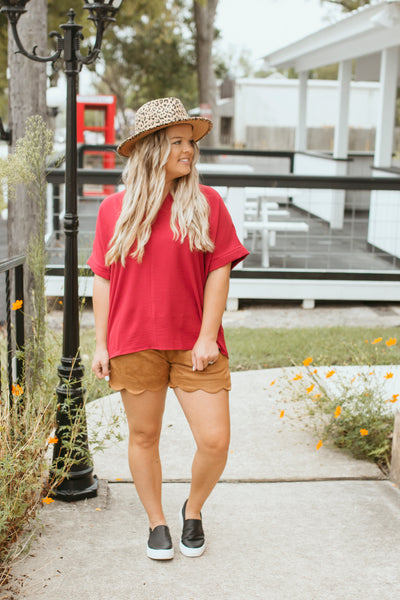Suede Scalloped Shorts (Camel)