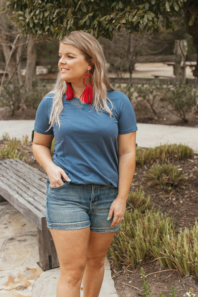 Lacey's V Neck Lace Top (Slate Blue)