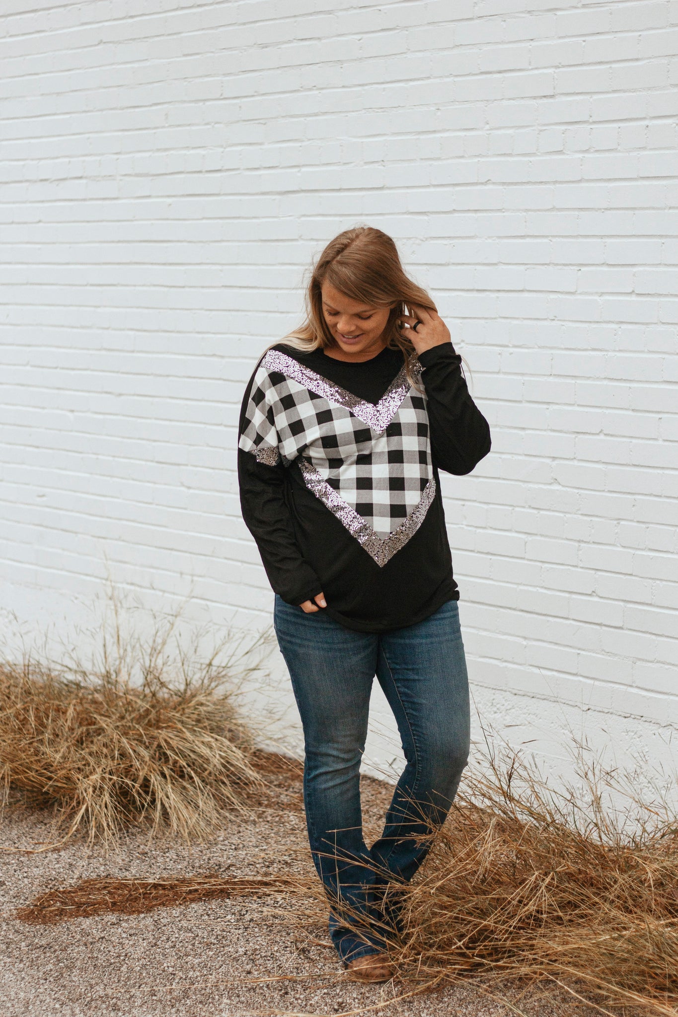 Alma Buffalo Plaid Sequin Top