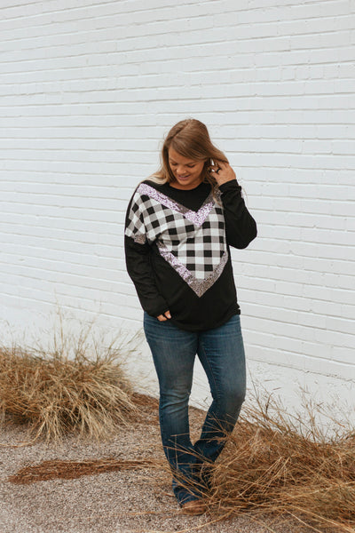 Alma Buffalo Plaid Sequin Top