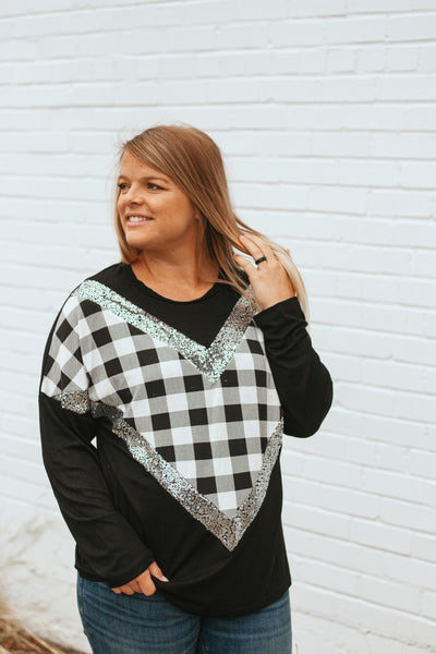 Alma Buffalo Plaid Sequin Top