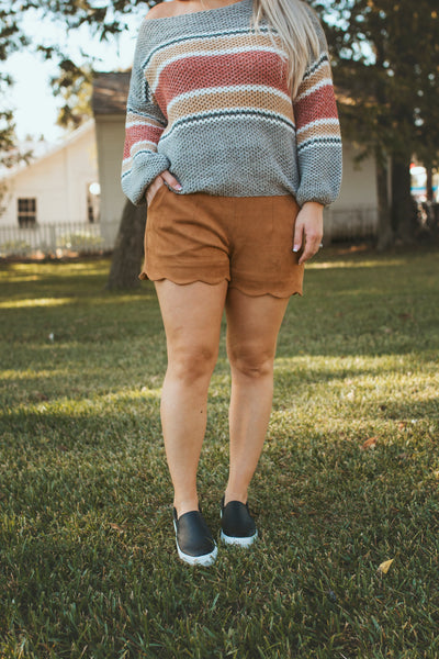 Suede Scalloped Shorts (Camel)